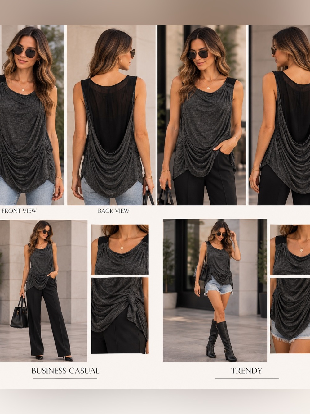 Elizabeth and James Charcoal Draped Cowl Tank